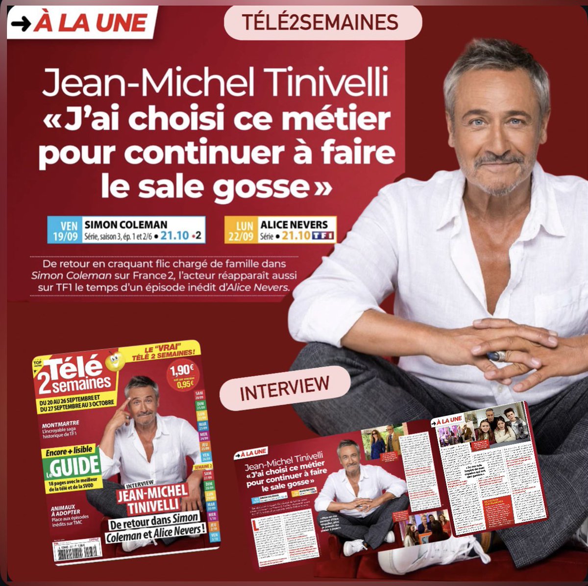 alice_fans1's tweet photo. 📰 #Télé2semaines 
→ À LA UNE
#JmTinivelli 
«J’ai choisi ce métier pour continuer à faire le sale gosse»

📺🔜à partir du Vendredi 19 septembre sur France2 #SimonColeman 

📺🔜Lundi 22 septembre TF1 #AliceNevers https://t.co/lFMcuVwrkT
