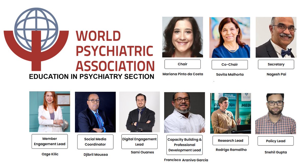 WPAEduSec's tweet photo. 🌎 Meet the new leadership of the WPA Section on Education in Psychiatry !

Chair: Mariana Pinto da Costa
Co-Chair: Savita Malhotra
Secretary: Nagesh Pai

plus 6 Section officers driving #psychiatry education forward!

including Social Media Coordinator: @Djibril_Moussa1 https://t.co/XuSQf4WRuP