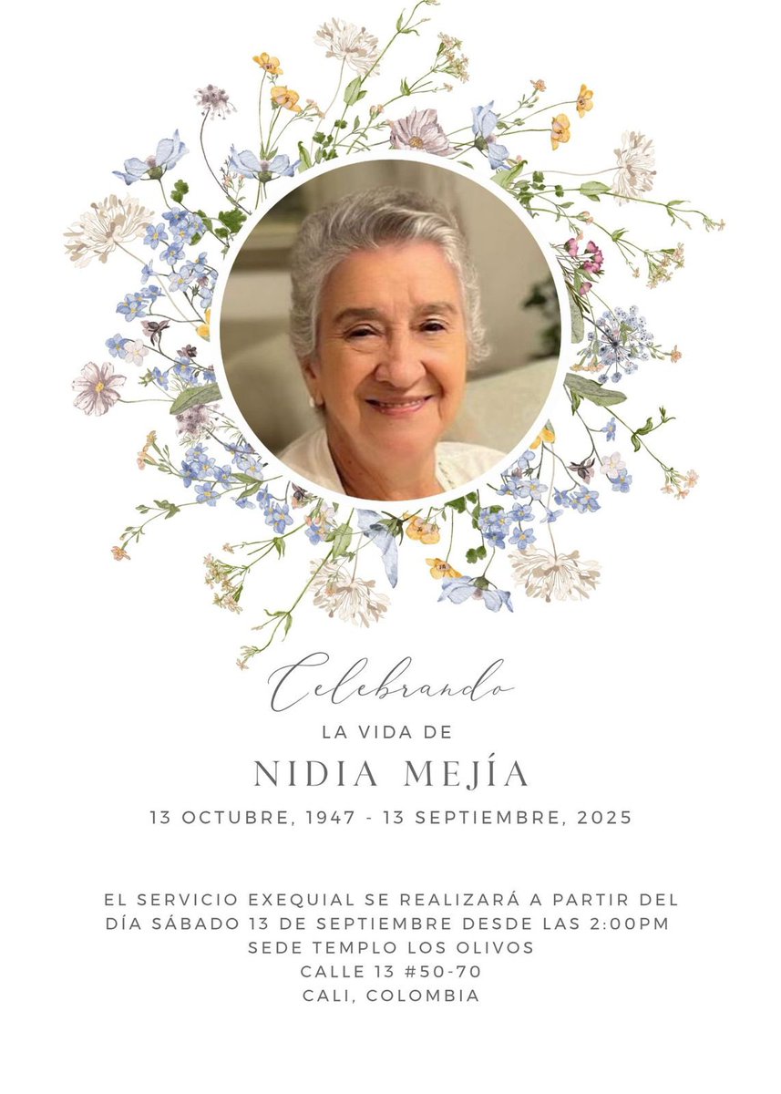 JaimeDinas's tweet photo. Hoy se apagó la luz de Doña Nidia Mejía, honorable y ejemplarizante mujer, dejando huella imborrable por sus Principios y Valores, tesoro incalculable por su Don de gente. A su hija Dora Helena Martínez Mejía, Hermanos, Padre, Familiares, allegados y a Pablo Duque, mis condolencias por su lamentable pérdida. Q.E.P.D.