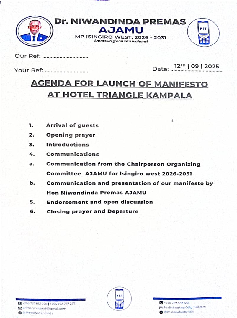 Prem1Niwandinda's tweet photo. Yesterday, my team and I made a leap of faith and launched a 5 point manifesto that will redifine the future of Isingiro west.
So help me oh God
#MpIsingirowest
#Ajamu4isingirowest https://t.co/F9an8CXZmk
