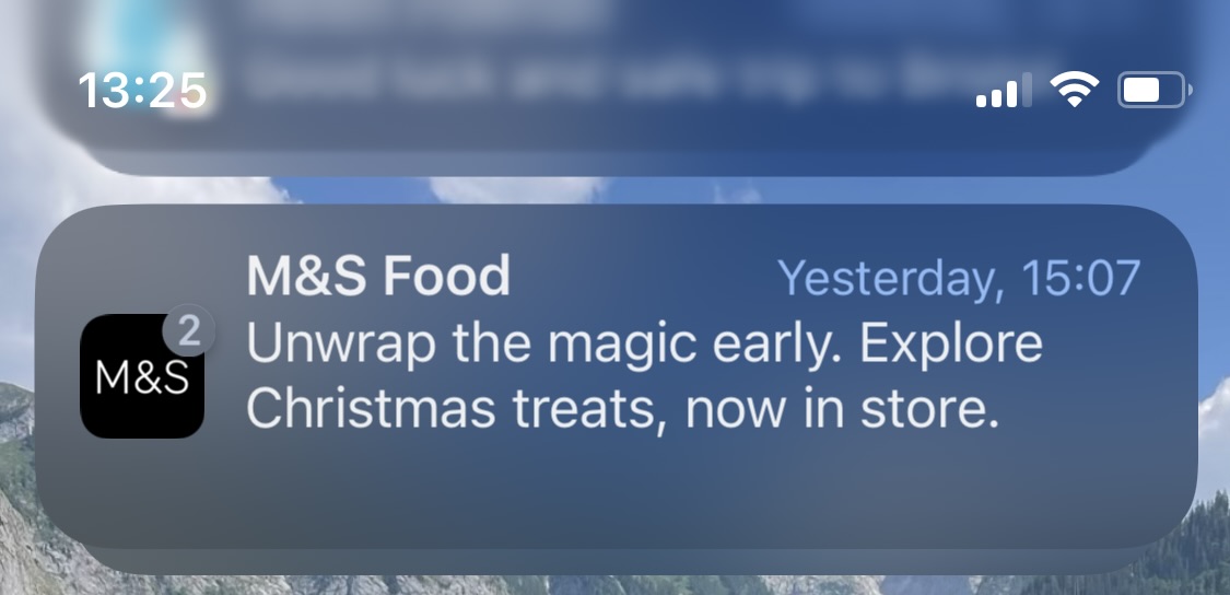 TheChrisCobb's tweet photo. @marksandspencer Xmas in September. That's notifications from M&amp;S now turned off on my phone. https://t.co/jK8T5eTQ9I