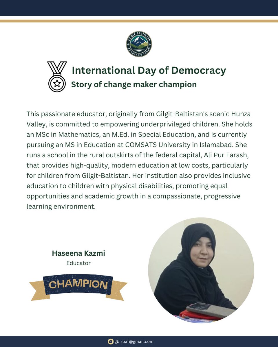 Stories of our champions 🏆

#InternationalDayOfDemocracy #YouthParticipation #WomenInDecisionMaking #GilgitBaltistan #GBAF #Democracy