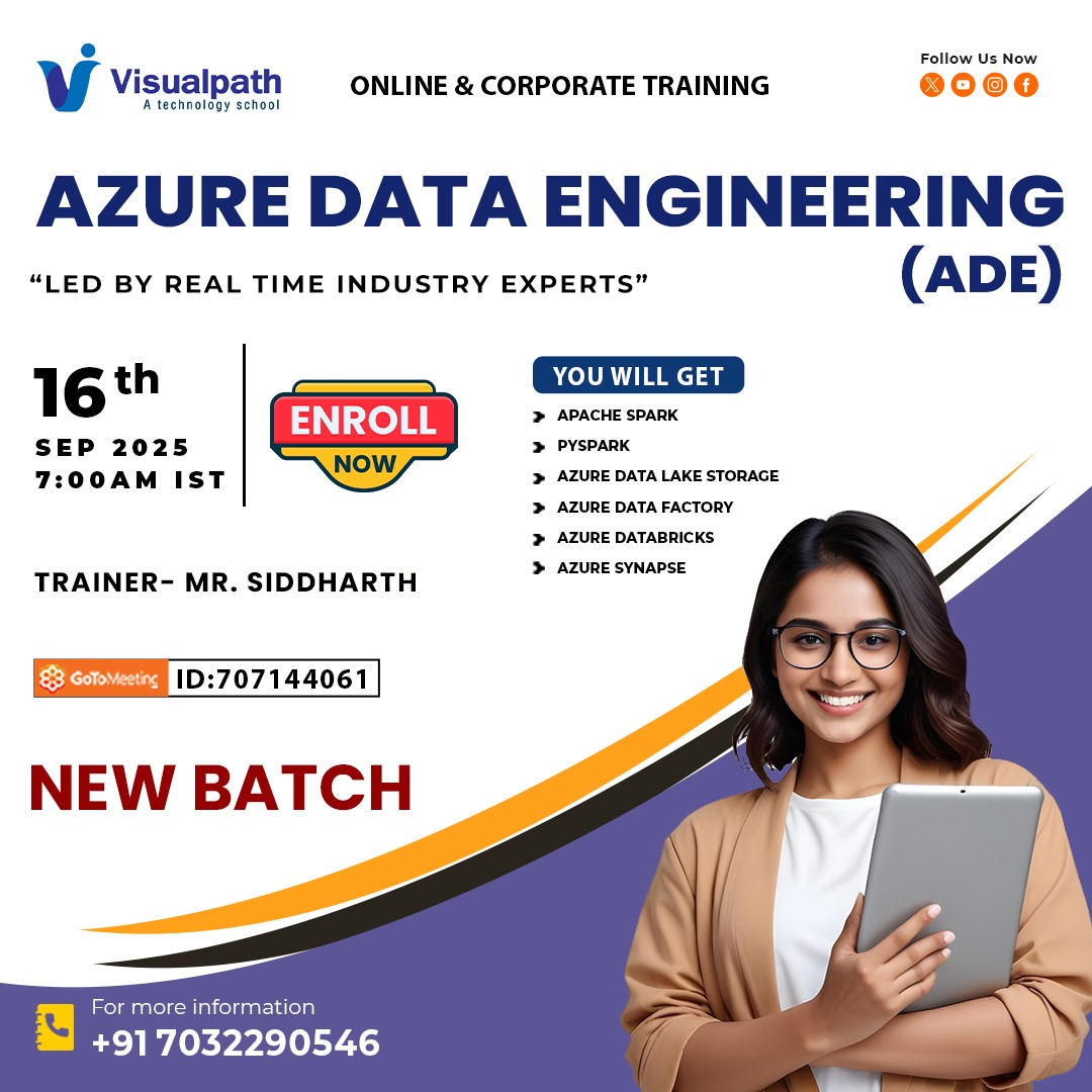 VisualpathPro's tweet image. 🚀 Upcoming New Batch – Azure Data Engineering ☁️
Mr. Siddharth 👨🏫
📅 Date: 16th September 2025
⏰ Time: 7:00 AM (IST)
🔗 Join Batch: meet.goto.com/707144061
🌐 Visit: visualpath.in/online-azure-d…
💬 WhatsApp: wa.me/c/917032290546
#AzureDataEngineering #DataEngineering #Azure