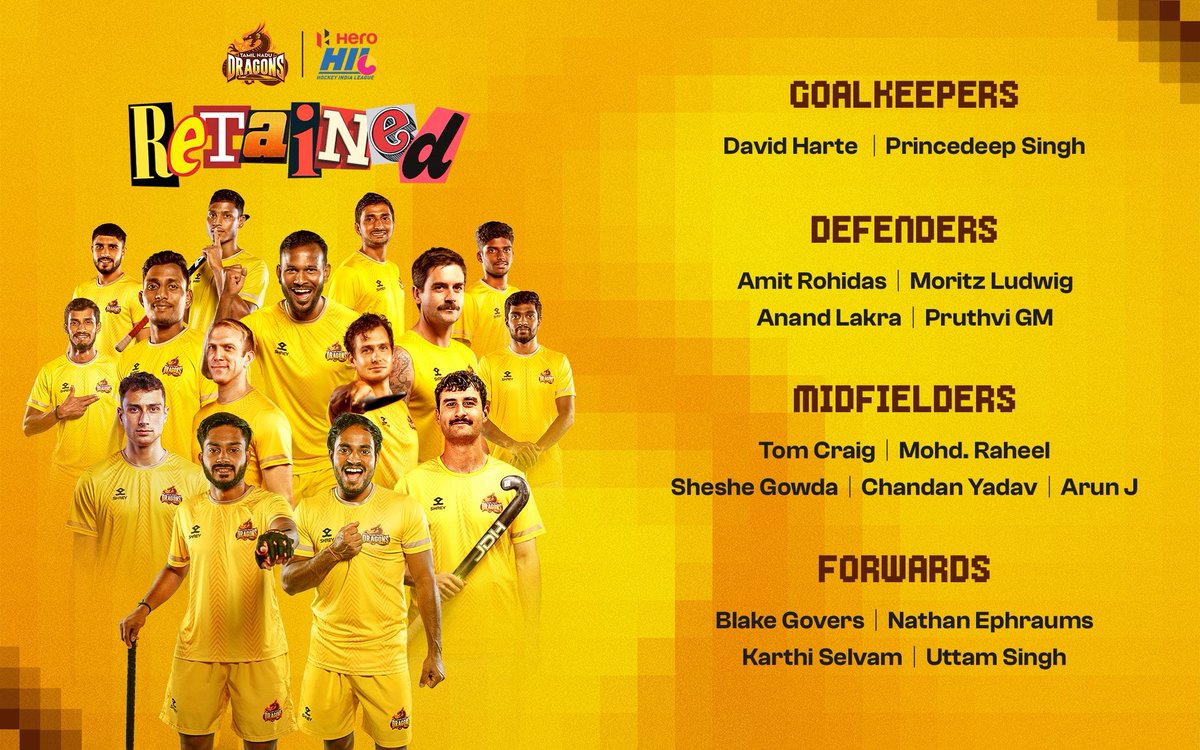 🚨 𝐑𝐞𝐭𝐚𝐢𝐧𝐞𝐝. 𝐑𝐞𝐚𝐝𝐲. 𝐑𝐞𝐥𝐞𝐧𝐭𝐥𝐞𝐬𝐬.

Our retained players who will march with us on 𝐌𝐢𝐬𝐬𝐢𝐨𝐧 𝟐𝟎𝟐𝟔! 🐉🙌

#TamilNaduDragons #TNDragons #TherikaViduTamizha #HeroHIL #HockeyIndiaLeague