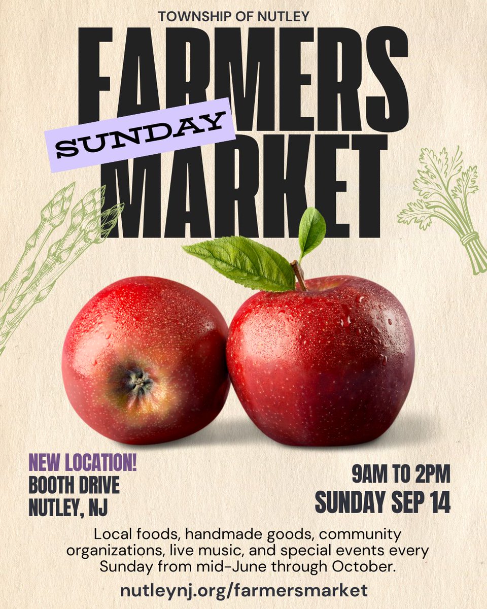 📜 Sep 14 9am History Walk
🍅 <a href="/JerseyFreshNJDA/">Jersey Fresh</a>  produce, food, beverages, flowers, more!
📱 Pokémon GO community
💛 Donations for <a href="/nfsb_nutley/">Nutley Family Service Bureau</a> Food Pantry
🍎 Sep 21 Apple Bake-Off (forms.office.com/g/8r11VaaF00) + Meet &amp; Greet/Book Signing with Produce Pete!
💚 #NutleyFarmersMarket