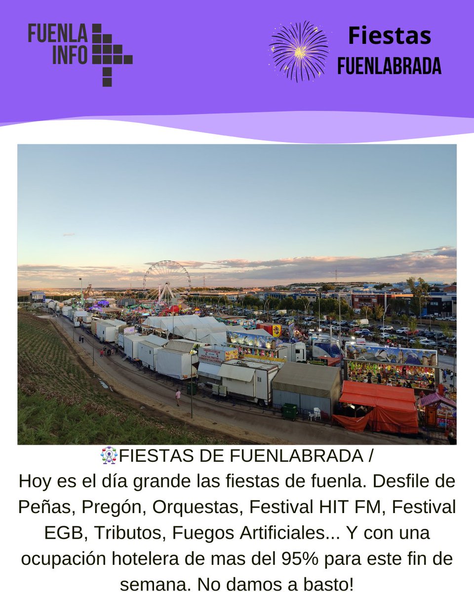 🎡FIESTAS DE FUENLABRADA /

Hoy es el día grande las fiestas de fuenla. Desfile de Peñas, Pregón, Orquestas, Festival HIT FM, Festival EGB, Tributos, Fuegos Artificiales... Y con una ocupación hotelera de mas del 95% para este fin de semana. No damos a basto!