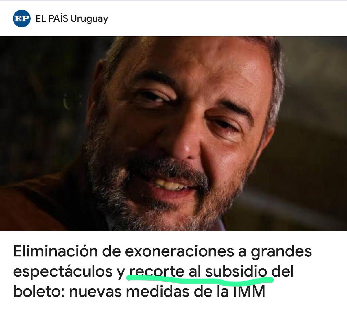 La <a href="/montevideoIM/">Intendencia de MVD</a> no hará recorte al subsidio al boleto. Estamos planteando por 6 meses postergar el pago correspondiente al subsidio al boleto (que es muy diferente). No impacta en los usuarios sino en las empresas permisarias mediante acuerdo de partes. <a href="/elpaisuy/">EL PAÍS</a>