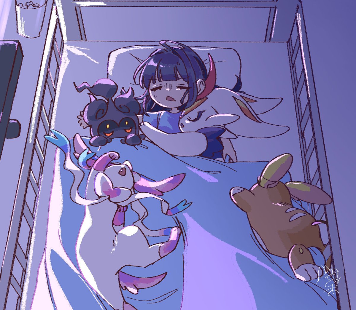 ニンフィア 「あの後皆で一緒に寝たけど、過去1寝苦しい夜になった」|マミポコのイラスト