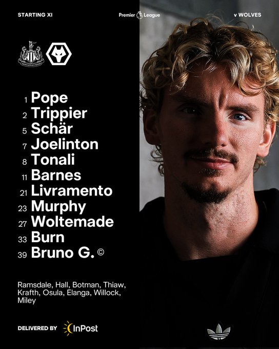 Newcastle United v Wolves: Pope, Trippier, Schär, Joelinton, Tonali, Barnes, Livramento, Murphy, Woltemade, Burn, Bruno G.