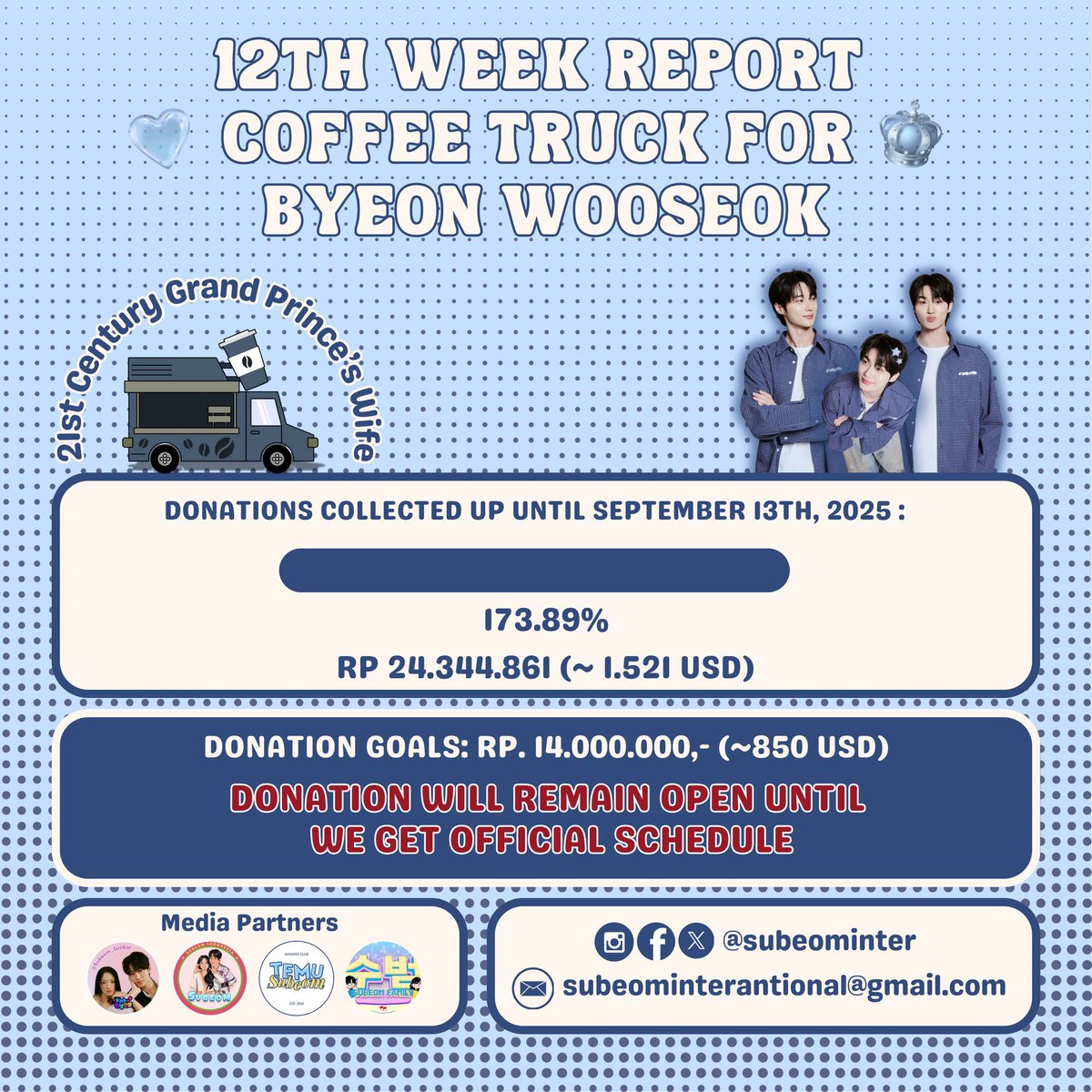 subeom_int's tweet photo. Perk up! ☕️🚚 A heartfelt thank you to Subeom who've supported our first coffee truck project!

173.89% of our target are reached 💕 

Our donation remains open, please check this link below to submit yours:
https://t.co/vksHgtjQ9i https://t.co/ZQKnCa94pH