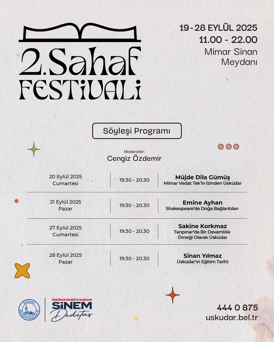 2. Sahaf Festivali Başlıyor! 📖

Nadir eserler ve yazar söyleşileriyle dolu bu özel festivale tüm kitapseverleri bekliyoruz! 

📍 Mimar Sinan Meydanı
📅 19 – 28 Eylül 2025
🕚 11.00 – 22.00