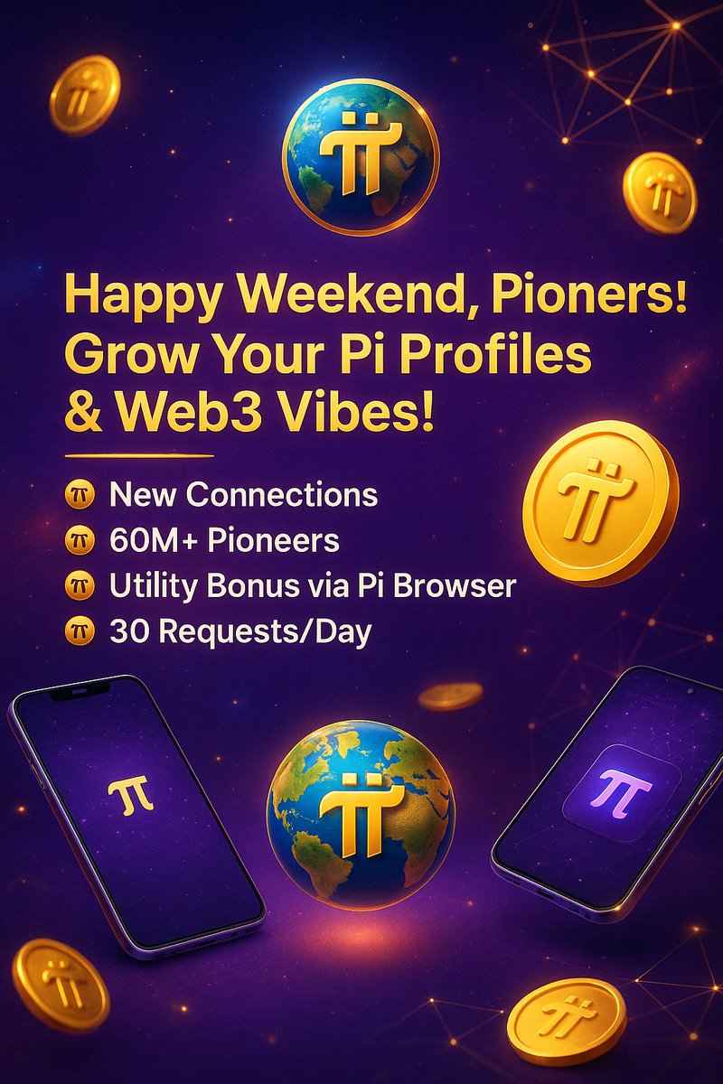 ✨🚀 Happy Weekend, Pioneers! 🚀✨
Grow your Pi Profiles &amp; spread the Web3 vibes 🌍💜

🌟 Highlights this week:
🔸 π New Connections 🤝
🔸 π 60M+ Global Pioneers 🌐
🔸 π Utility Bonus via Pi Browser 💻
🔸 π 30 Requests / Day ⚡

💱 Pi = Inclusive. Accessible. Global. 🌎

📢