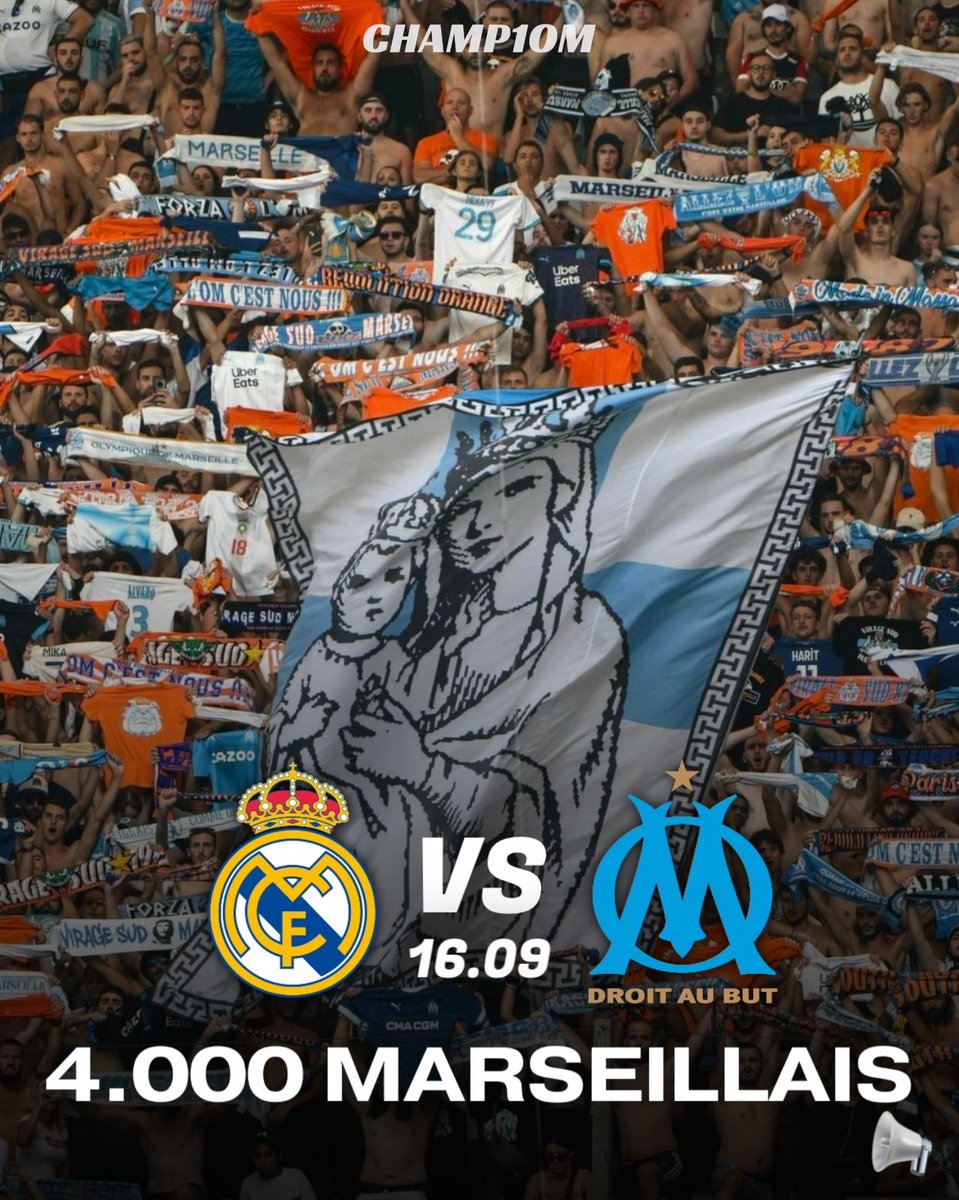 champ1om's tweet photo. 🚨4000 supporters marseillais seront du déplacement au Santiago Bernabéu, pour affronter le Real Madrid ! 

🇪🇸 Des mesures strictes ont été prises par les autorités espagnoles, pour encadrer ce match classé à « haut risque » !

(@RMCsport) #TeamOM #RMCFOM https://t.co/hiUvsIjeuU