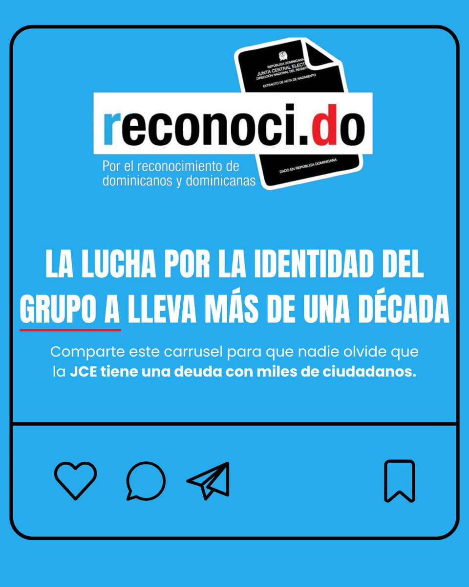 El Grupo A continúa sin documentos a pesar de la #Ley169-14.
Son más de 34,000 dominicanos condenados al limbo legal y la exclusión.
La nacionalidad es un derecho.
#Reconocido #GrupoA #Apátrida
<a href="/juntacentral/">JCE</a> <a href="/CDI/">CDI</a> <a href="/ONU_es/">Naciones Unidas</a>