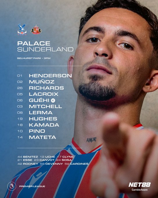A man with a beard and short hair, wearing a blue and red striped soccer jersey with the name "AMR" visible on the collar. He is pointing forward with his right hand. Text overlays list the Crystal Palace starting lineup for a match against Sunderland, including names Henderson, Munoz, Richards, Lacroix, Guehi, Mitchell, Lerma, Kamada, Pino, and Mateta, along with substitutes Benteke, Clyne, and others. The Premier League logo and NETBET branding are visible.