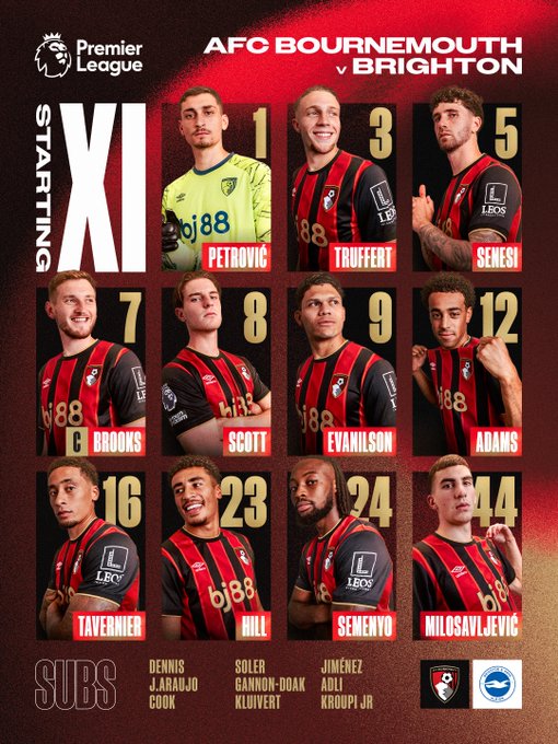 AFC Bournemouth team news: Petrović, Truffert, Senesi, Brooks (C), Scott, Evanilson, Adams, Tavernier, Hill, Semenyo, Milosavljević.