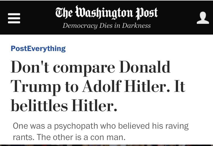 <a href="/BasedMikeLee/">Mike Lee</a> Let’s start with the national newspaper located in the nation’s capital. 
This particular headline accomplishes two liberal goals. (1) It demonizes Trump.
(2) It diminishes the horror of Hitler (and the Holocaust),  normalizing antisemitic attitudes.
