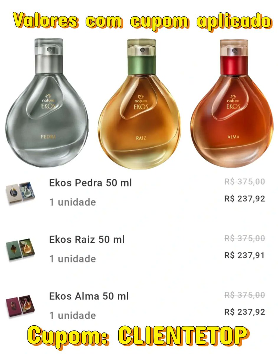 🛍️ Ekos Pedra, Raiz ou Alma: escolha o seu 

👉 O cupom só ativa se você:

✅ Comprar pelo meu link
OU
✅ Me adicionar como consultor no site ou App Natura: TAVIOCONSULTOR

Link direto:
🔗natura.com.br/consultoria/ta…

#consultordigitalnatura #perfumelover #Deusnocomando