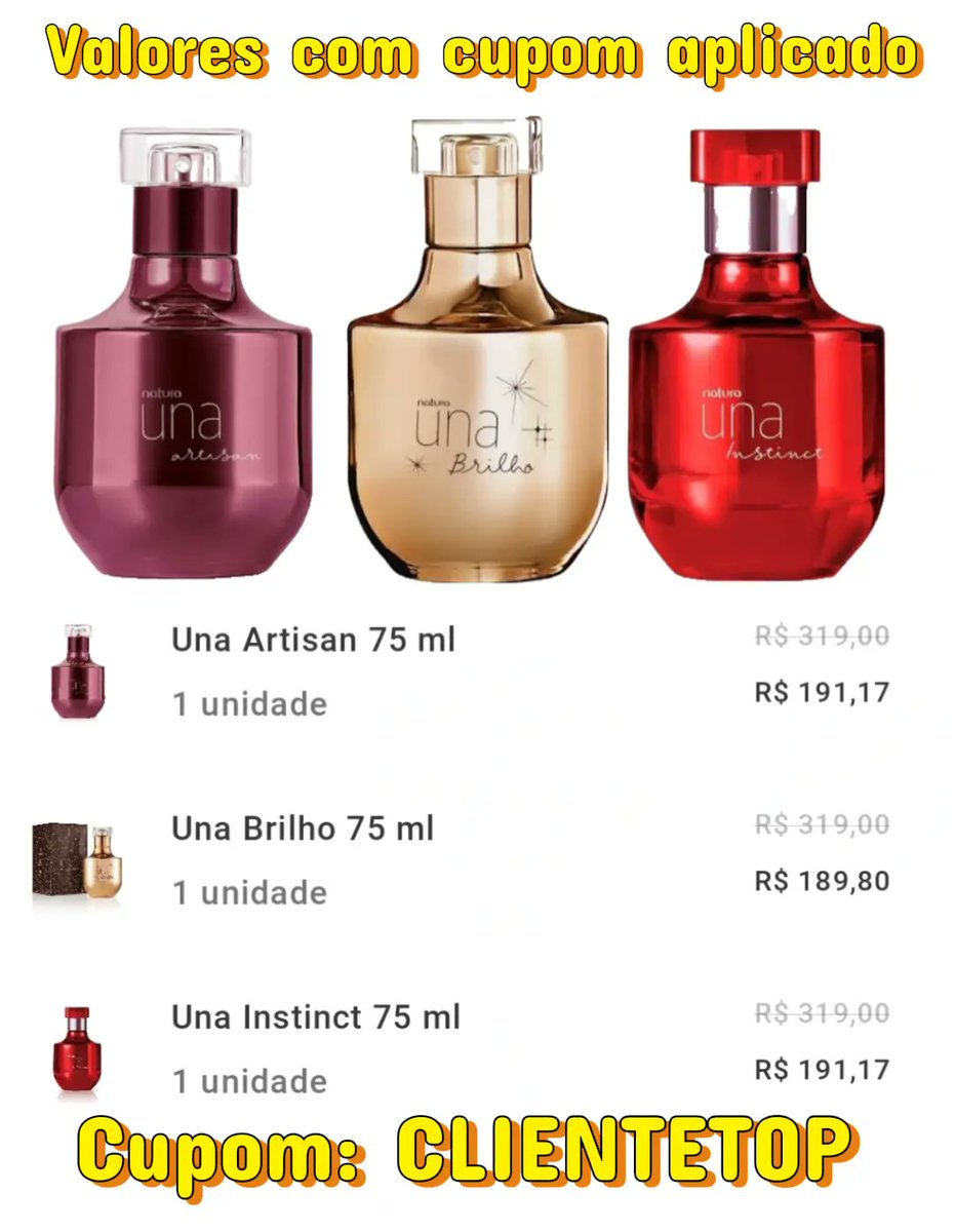 🛍️ Una Artisan, Brilho ou Instinct: escolha o seu

👉 O cupom só ativa se você:

✅ Comprar pelo meu link
OU
✅ Me adicionar como consultor no site ou App Natura: TAVIOCONSULTOR

Link direto:
🔗natura.com.br/consultoria/ta…

#consultordigitalnatura #perfumelover #Deusnocomando