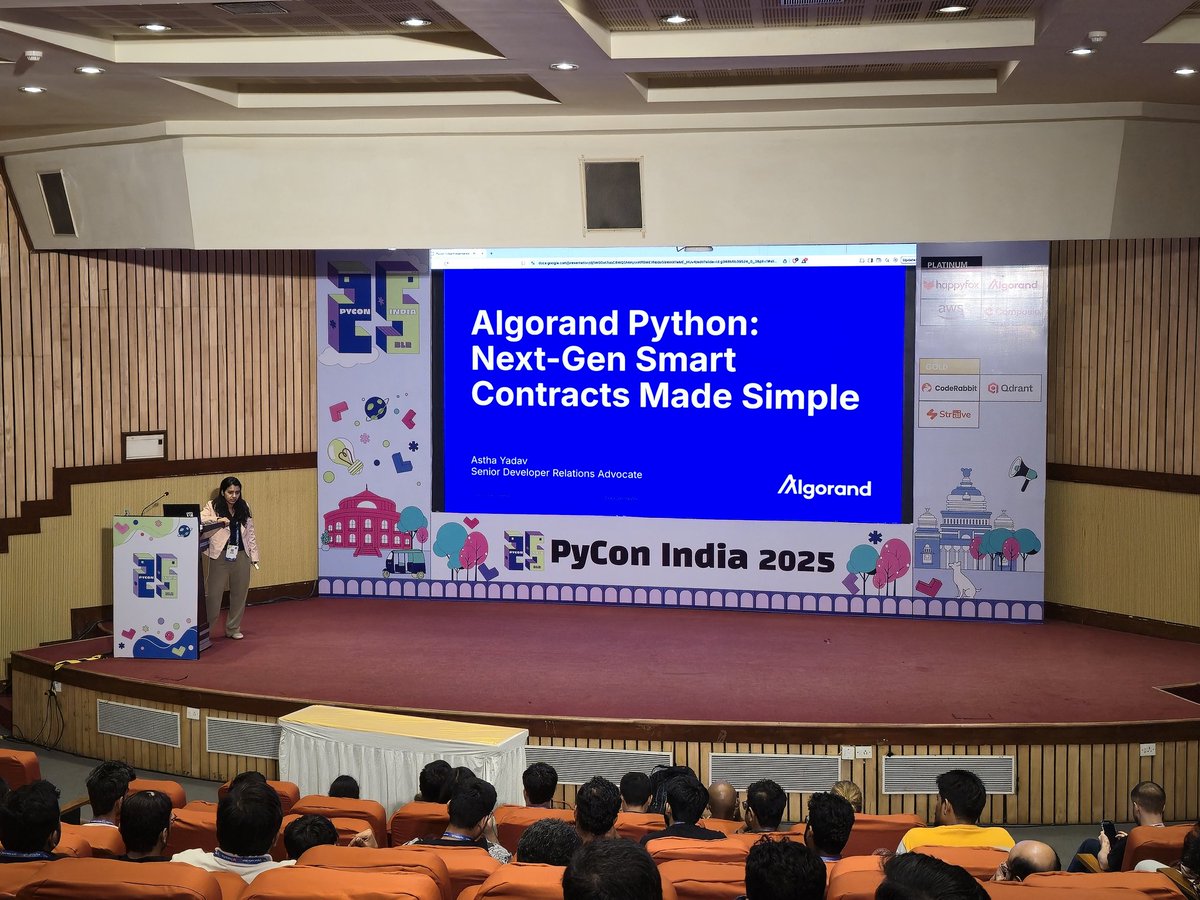 pyconindia's tweet image. Astha Yadav delivered a talk titled &quot;Algorand Python: Next-Gen Smart Contracts Made Simple&quot; at #PyConIndia2025.