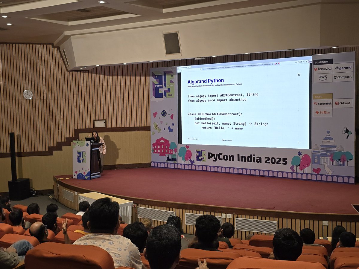 pyconindia's tweet image. Astha Yadav delivered a talk titled &quot;Algorand Python: Next-Gen Smart Contracts Made Simple&quot; at #PyConIndia2025.