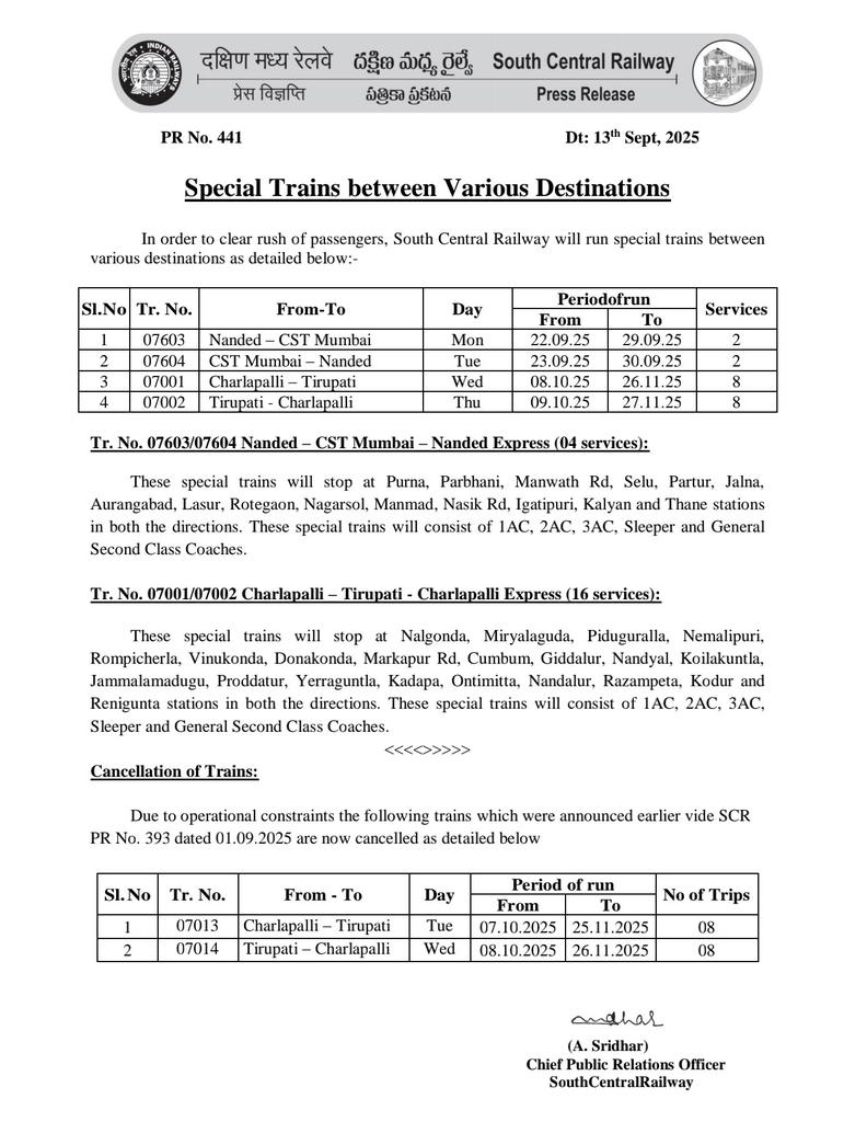 "Special Trains between Various Destinations"