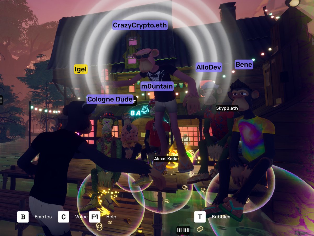First German Ape Meetup in the Otherside was a blast. Great topics and spirit. 

Thanks <a href="/Weidner_Dennis/">CrazyCrypto.eth</a> <a href="/allodev/"></a> <a href="/locke103/">Locke.10</a> <a href="/bene_bla/">Bene</a> <a href="/MotzkiMattes/">MotzkiMattes | MoMa_Labs</a> <a href="/CryptotickerIo/">CryptoTicker</a> <a href="/Cologne_Dude/">Cologne_Dude 🈴 🍌 🦍</a>  <a href="/Locke25928/">LOCKE</a> <a href="/capbananas/">Captain Bananas</a> 

Can’t wait for the next Bubble!