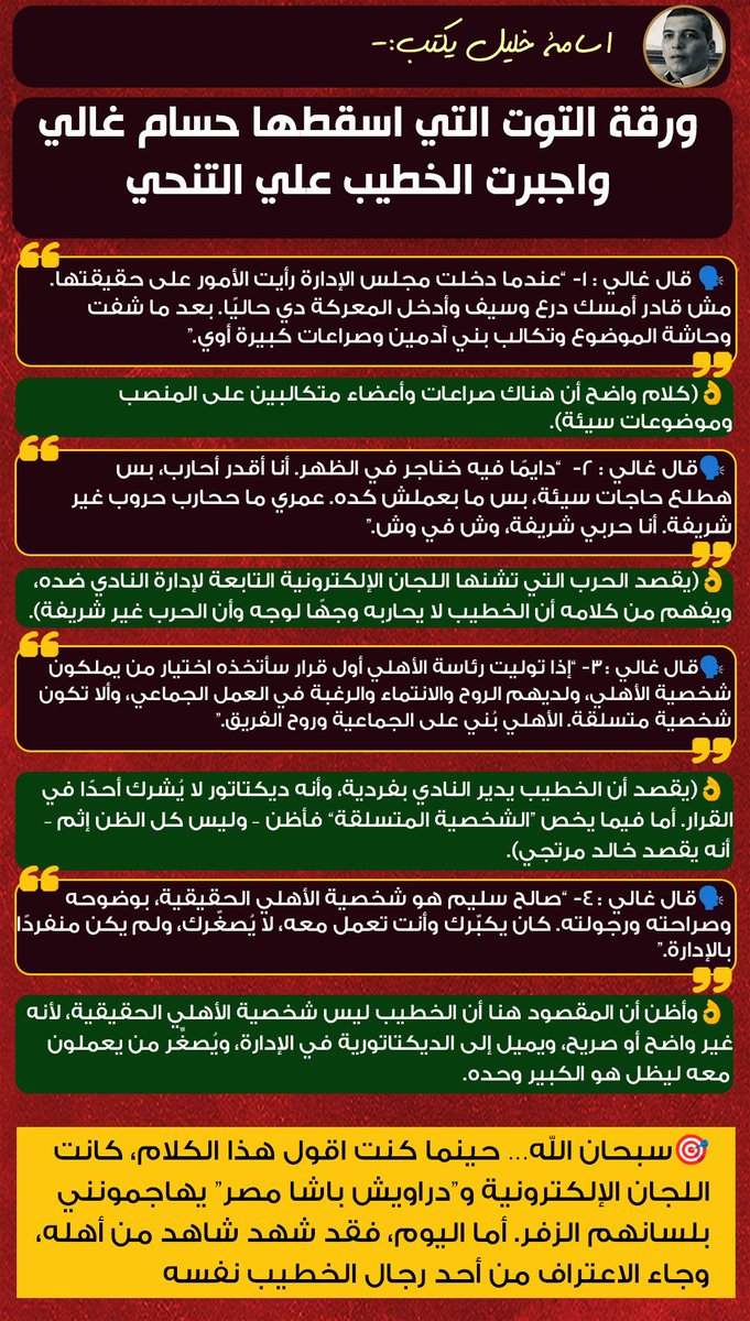 #اسامة_خليل يكتب✍️: ورقة التوت التي اسقطها حسام غالي واجبرت الخطيب علي التنحي

📷سبحان الله… حينما كنت اقول هذا الكلام، كانت اللجان الإلكترونية و”دراويش باشا مصر” يهاجمونني بلسانهم الزفر. أما اليوم، فقد شهد شاهد من أهله، وجاء الاعتراف من أحد رجال الخطيب نفسه