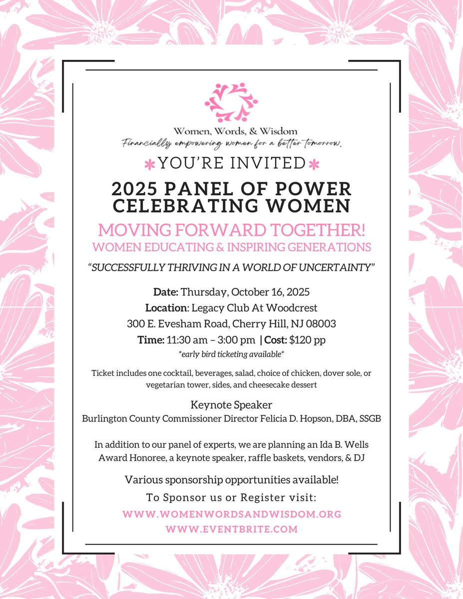 🌸 Celebrate women at the 2025 Panel of Power! 🌸
📅 Oct 16 | Legacy Club, Cherry Hill, NJ
🎤 Keynote: Felicia D. Hopson
✨ Panel, award honoree, raffles, vendors &amp; more!
🎟️ Register: womenwordsandwisdom.org

#PanelOfPower #WomenWordsWisdom