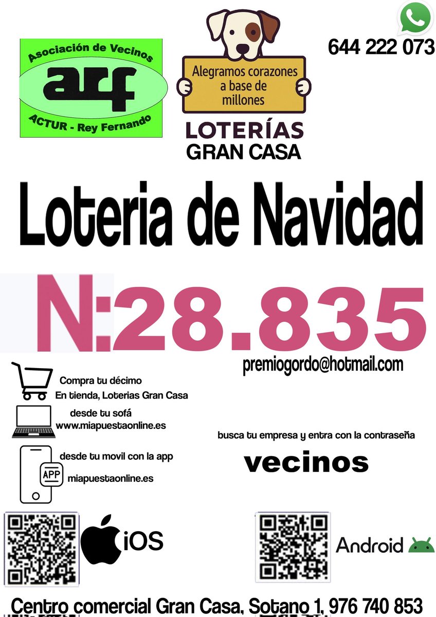 🎉 ¡Este año jugamos con el 28835!
¿Y si toca en el Actur?
Puedes comprarlo en la Administración de Lotería de Grancasa u online, ¡ideal para quienes viven fuera de Zaragoza!
👉 miapuestaonline.es
🔐 Contraseña: VECINOS

#LoteríaDeNavidad #Actur #28835 #YSiTocaAquí 🍀🤞