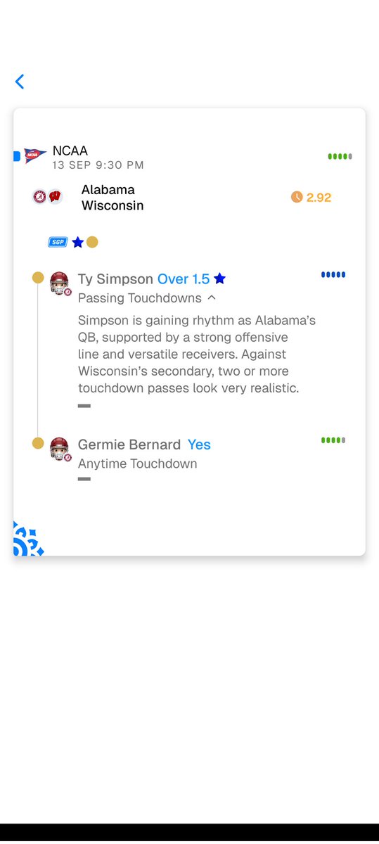 celraler's tweet photo. Will it CASH today?! 👀🔥
🏈 NCAA SHOWDOWN
Alabama vs Wisconsin
Ty Simpson ➝ Over 1.5 Passing TDs ⭐
Germie Bernard ➝ Anytime Touchdown
Elite picks locked in 💰🚀
Download now 👉 https://t.co/EuzS1XswW1
America’s 🇺🇸 No.1 Sports Predictions App 🏆
#Kickff #SportsPredictions #ElitePicks #NCAA #WinningPicks #SuperXAI #CollegeFootball
