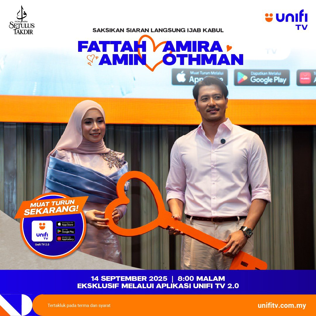 sarahdibba's tweet photo. The wait is over! 🎉
Setulus Takdir premieres 14 Sept, 8PM – only on the new #UnifiTV2.0 app 💙🧡

👉 Sign up FREE with email: https://t.co/mHHxm700NI

#SetulusTakdirFattahAmira #WeddingOfTheYear #UnifiTV https://t.co/nFObO4XcYH