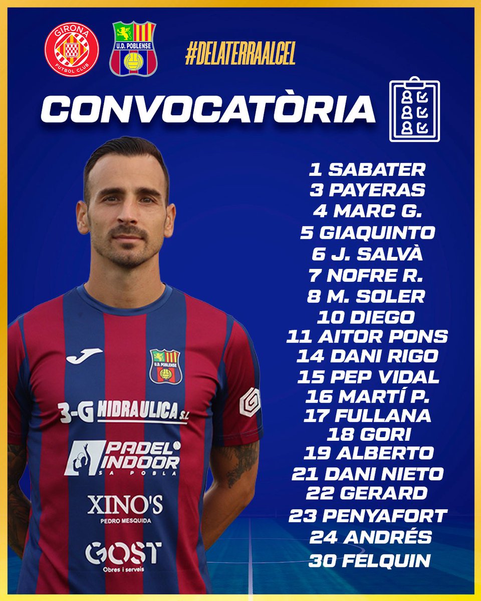 Convocatòria d’Óscar Troya pel primer partit fora de casa! ✅

<a href="/GFCAcademia/">Girona FC Acadèmia</a> - UD Poblense

#DeLaTerraAlCel #GironaBPoblense