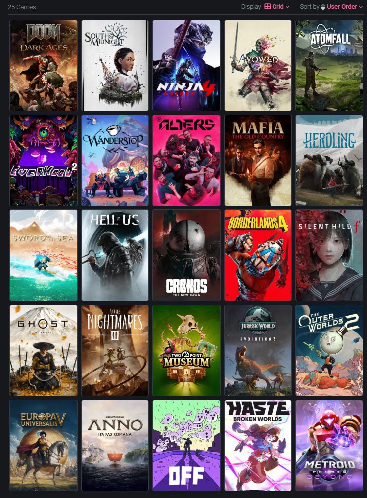 هذي الالعاب اللي غالباً بعطيها اولوية من اصدارات هالسنة بعد ما اخلص silksong.

فيه العاب كثيير ثانية بس مهتم باللي في القائمة هذي اكثر حالياً, فيه شي زيادة يستاهل ينضاف في القائمة؟