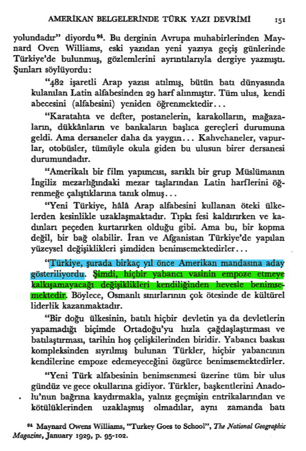 📌Kültür Değişimi Yahud Soykırımı: Latin Harfleri İthalatı (3 Kasım 1928)

📅Ocak 1929
✍️ABD'li The National Geographic mecmuası:

Birkaç yıl önce Amerikan mandasına aday gösterilen Türkiye, şimdi, hiçbir yabancı vasinin empoze etmeye kalkışamayacağı değişiklikleri kendiliğinden
