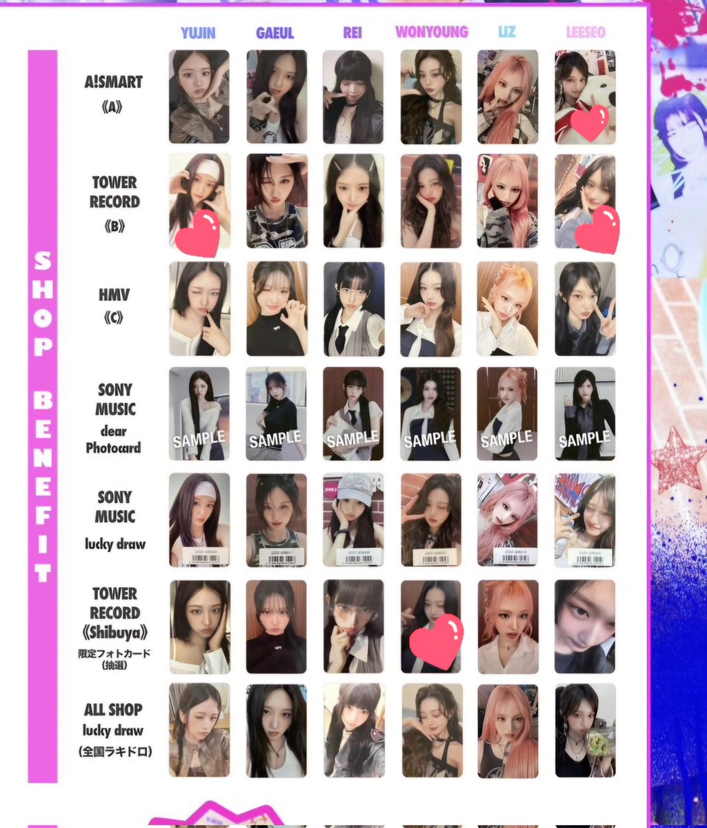 IVE交換
求　
💿Be alright
渋谷C賞ウォニョン、
イソリズユニット(🩷版)
ﾀﾜﾚｺ　ユジン、イソ
アスマートイソ

💿SECRET
LOVE　IVE レイ
ソニミュ　ウォニョン(≫レイ、イソ)

譲　写真1.2枚目

9月23日東京オフイベ
求で同種あるものは同種
他は、異種でアスマートイソ、SECRETの特典ｳｫﾆｮﾝ