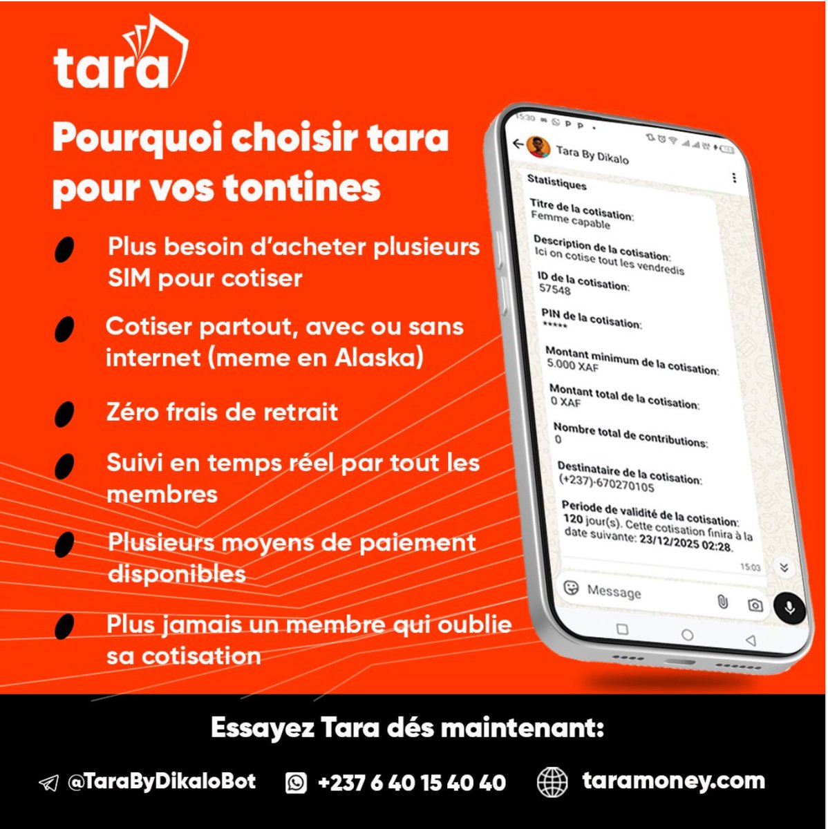 PUB
Faîtes vos tontines sur Tara 😇. Donnons la force au produit de notre compatriote. Consommons local !
t.me/tarabydikalobot
taramoney.com/pay/23651 <a href="/tarabydikalo/">Tara By Dikalo</a> <a href="/Ekambos/">Ekambi</a>  <a href="/DikaloOfficial/">Dikalo</a> <a href="/MbuntuOfficial/">Mbuntu</a>
