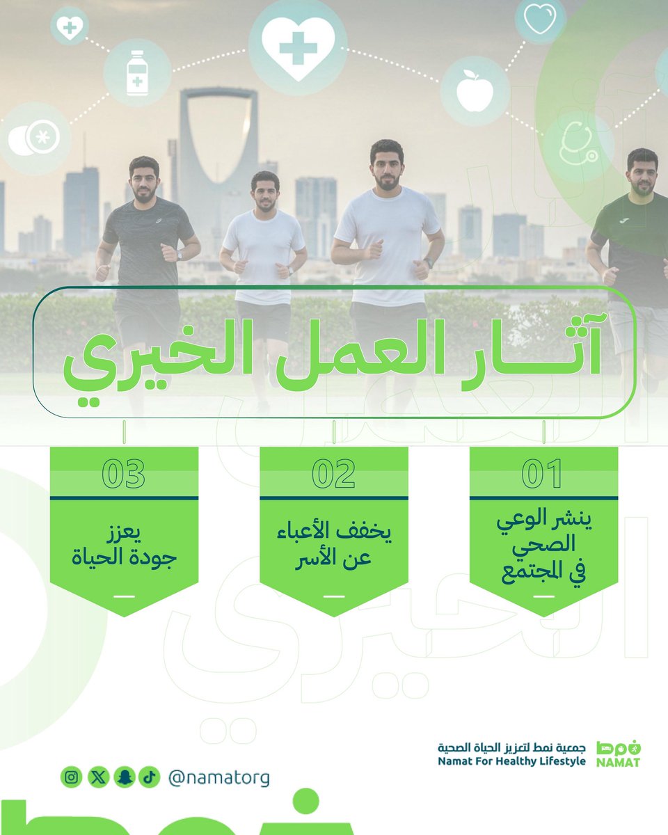 العمل الخيري في المجال الصحي يزرع وعياً صحياً مستداماً، ويسهم في بناء مجتمعٍ أكثر عافية وحياة أفضل للجميع 

 #جمعية_نمط_الصحية