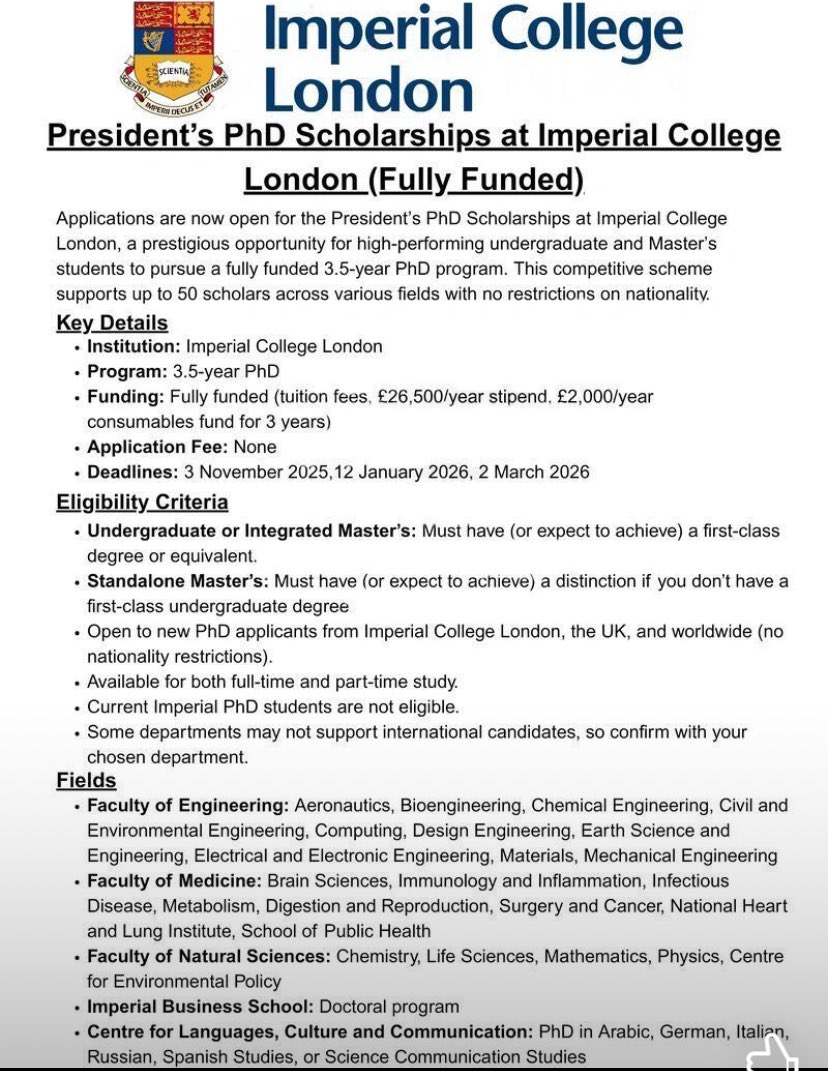 Fully-funded PhD postion at Imperial College London in the UK for those with background in Engineering, Medicine, Business, Natural Science, Languages. If you have a First Class, you are eligible. Offer comes with stipend and other packages.

More details: scholarshipforphd.com/imperial-presi…