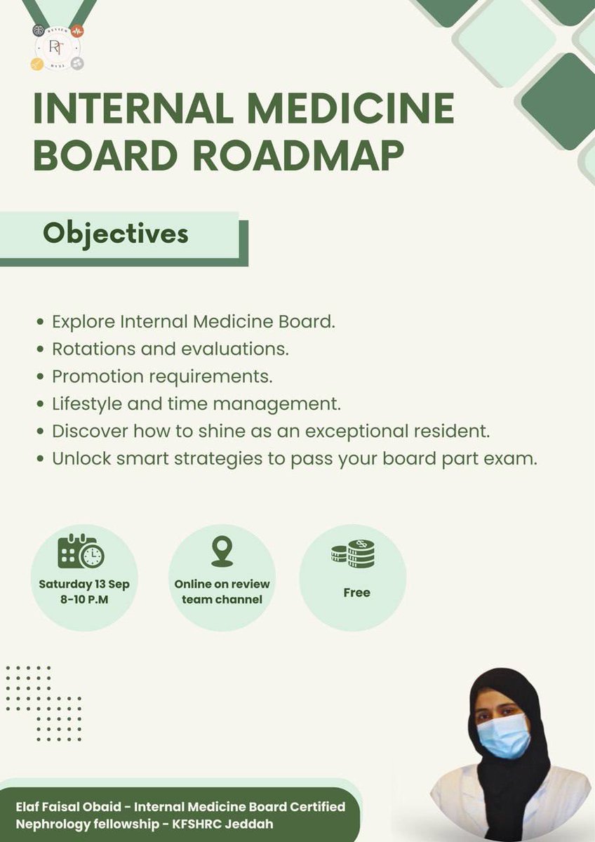 It is my pleasure to take you on a roadmap through Internal Medicine Board, where we will explore together the path, challenges and smart strategies to shine as an exceptional resident and achieve success!

This session is specially designed for the new residents joining the IM
