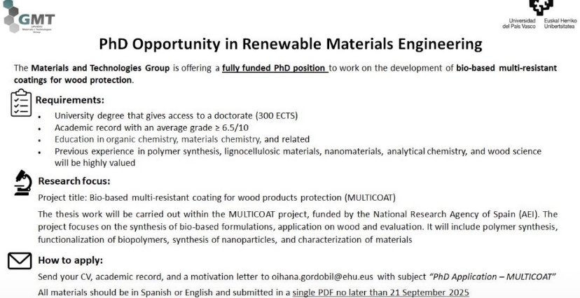 Fully-funded PhD position in Renewable Materials Engineering for those with background in Chemistry, Materials Chemistry, Organic Chemistry or related fields.