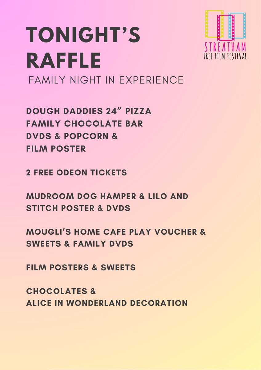 streathamfilm's tweet photo. 🎟️✨ Tonight’s raffle prizes.

Every ticket sold supports the Streatham Free Film Festival.

Join us for Labyrinth tonight:
📍 Immanuel and St Andrew’s Church
🗓 Doors 7:00pm | Film 7:45pm

🍿 Snacks and drinks available on site, or pack your own picnic.

#SFFF10 https://t.co/KXb8pspuEC