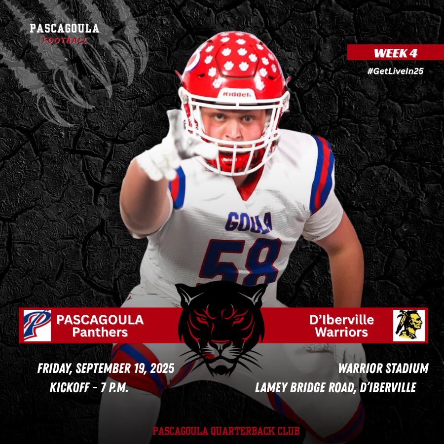 Your Pascagoula Panthers hit the road next Friday to take on D’Iberville 🏈.

Make the short drive over and cheer them on!

📍 Warrior Stadium, D’Iberville
🕖 Friday, Sept. 19 - 7pm
🎟️ GoFan
📺 Fan.Hudl.com-&gt;Pascagoula High-&gt;Videos (sponsored by Czak’s Coastal Cuisine)
📻 WPMO