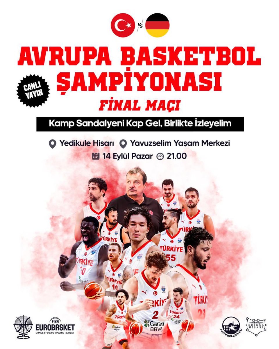 Avrupa şampiyonluğu için son adım. 🇹🇷

12 Dev Adam’ın final mücadelesini yarın akşam hep birlikte izliyoruz.

Tüm hemşehrilerim davetlidir.

⏰ 21.00
📍 Yedikule Hisarı
📍 Yavuz Selim Çukurbostan Yaşam Merkezi
