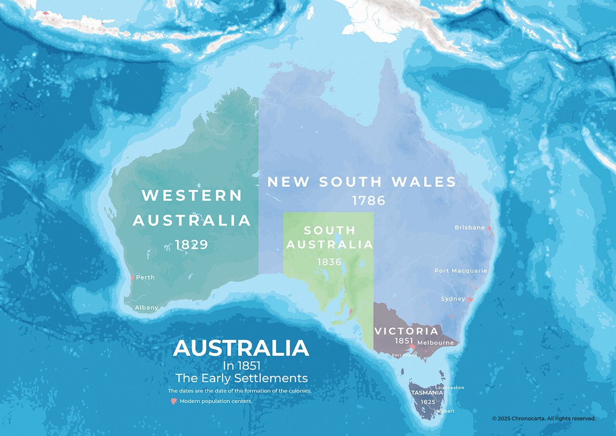 The early colonies of Australia.

1851 was the year when Victoria separated from New South Wales.

Later, it would be split even further into Queensland, Northern Territories and a part given to South Australia.