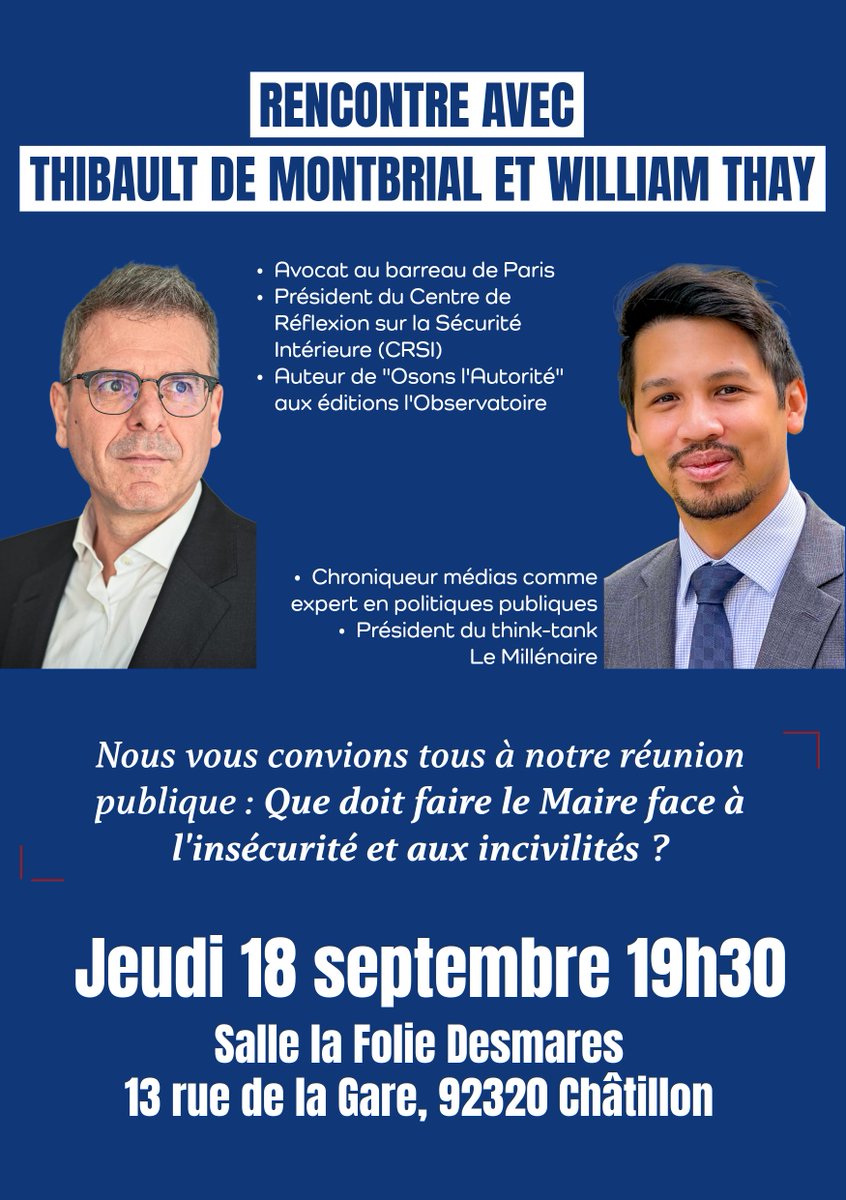 William THAY (@thaywilliam) on Twitter photo "Que doit faire le Maire face à l'insécurité et aux incivilités ?"
Nous organisons une réunion publique avec <a href="/MontbrialAvocat/">Thibault deMontbrial</a> , le jeudi 18 septembre à 19h30 au 13 rue de la Gare, 92320 Châtillon.
Pour vous inscrire : 100chatillon.fr/reunion-publiq… "Que doit faire le Maire face à l'insécurité et aux incivilités ?"
Nous organisons une réunion publique avec <a href="/MontbrialAvocat/">Thibault deMontbrial</a> , le jeudi 18 septembre à 19h30 au 13 rue de la Gare, 92320 Châtillon.
Pour vous inscrire : 100chatillon.fr/reunion-publiq…