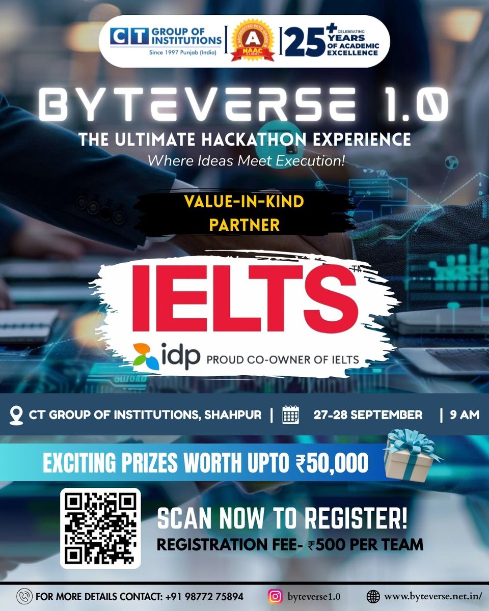 byteVerse_1_0's tweet photo. 🌟 Excited to have IELTS IDP on board as a Value-in-Kind Partner for ByteVerse 1.0 🚀💡

With their support, this 24-hour hackathon gets even more impactful!

📅 27–28 Sept | 🏆 ₹50,000 Prize Pool
📍 CT Group of Institutions, Shahpur Campus
@BeantKaur44
 #byteverse1_0 #IELTSIDP https://t.co/aVzuSDsAeu