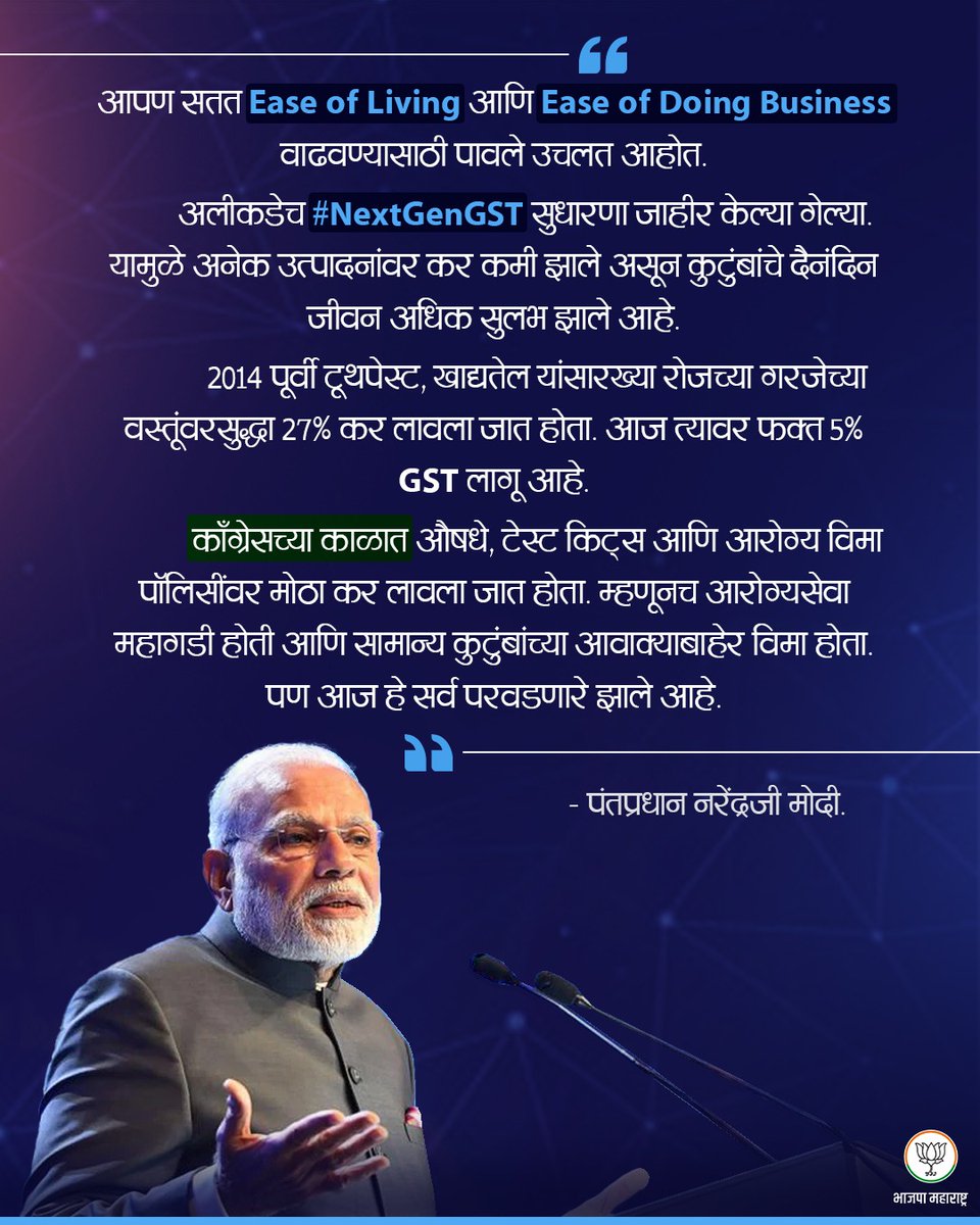 आपण सतत Ease of Living आणि Ease of Doing Business वाढवण्यासाठी पावले उचलत आहोत.

अलीकडेच #NextGenGST सुधारणा जाहीर केल्या गेल्या. यामुळे अनेक उत्पादनांवर कर कमी झाले असून कुटुंबांचे दैनंदिन जीवन अधिक सुलभ झाले आहे.

2014 पूर्वी टूथपेस्ट, खाद्यतेल यांसारख्या रोजच्या गरजेच्या