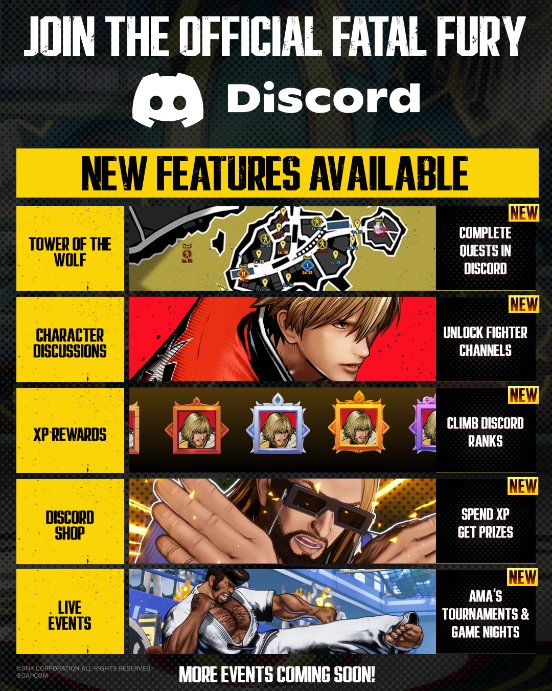 FATAL FURY: City of the Wolves (@fatalfury_pr) on Twitter photo New Discord Feature: The Tower of the Wolf Seasonal Quest System!
Complete Quests to earn XP and rewards in Discord! Each season features Exclusive badges that can only be earned during that season!
Start your climb now: discord.gg/FatalFury New Discord Feature: The Tower of the Wolf Seasonal Quest System!
Complete Quests to earn XP and rewards in Discord! Each season features Exclusive badges that can only be earned during that season!
Start your climb now: discord.gg/FatalFury