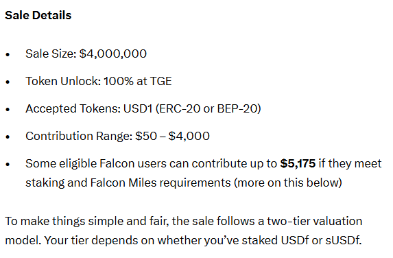 EarnByAbhi's tweet photo. 👀✨ NEW PUBLIC SALE ON @buidlpad ~ $FF ‼️

@falconfinance it is a DeFi protocol for minting the USDf stablecoin using diverse crypto collateral and offering high yields. It’s backed by $1.72B in reserves and currently has a TVL of $1.7B.

🔗 https://t.co/VeTVnGGaq7

• Raising $4M
• 100% Unlock On TGE
• Min 50$ & Max 4K$
• At $350M or $450M FDV
• Subscription Period : 16-19 Sep ⌛

They are offering a sale at two FDV tiers - one at $350M and the other at $450M.

• For the $350M tier, you need to stake min $3k for at least 1 month of lockup period + KYC.

• For the $450M tier, only KYC is required.

Considering the reserves, TVL, backers, and partnerships - I feel the $350M valuation seems more reasonable for Falcon, so I’ve staked some. The snapshot is on 19 September for stakers (btw already over $3.58M staked).

Will share more details later when the time comes -NFA🫡